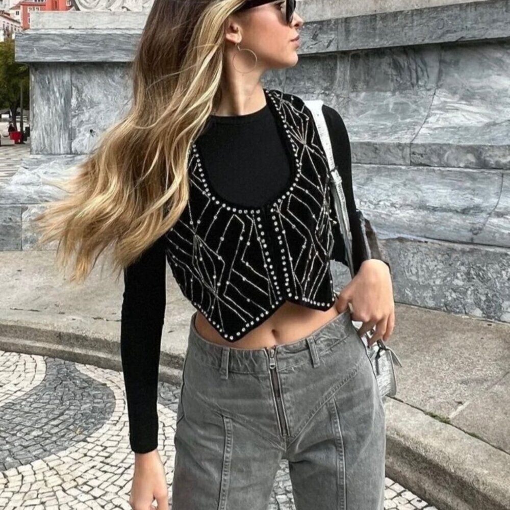 ZARA Black Velvet Waistcoat With Rhinestones Sz XS Vest Whimsigoth Boho Glam